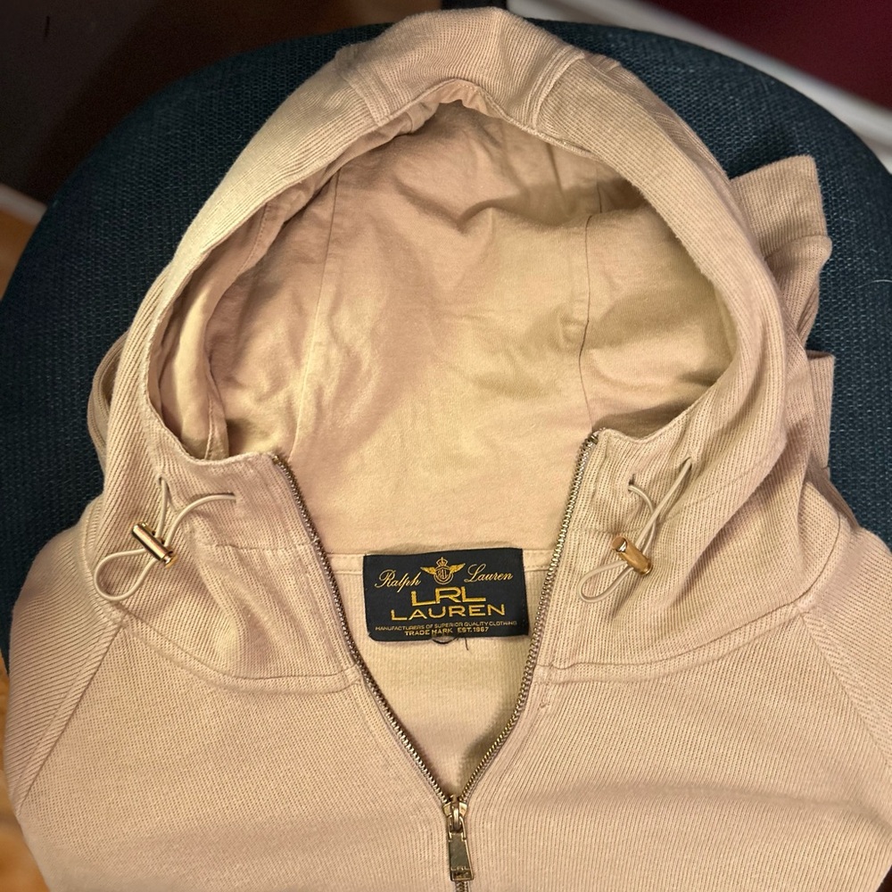 Ralph Lauren Black Label Tan Zip Hoodie Gold Hardware Utility Pockets